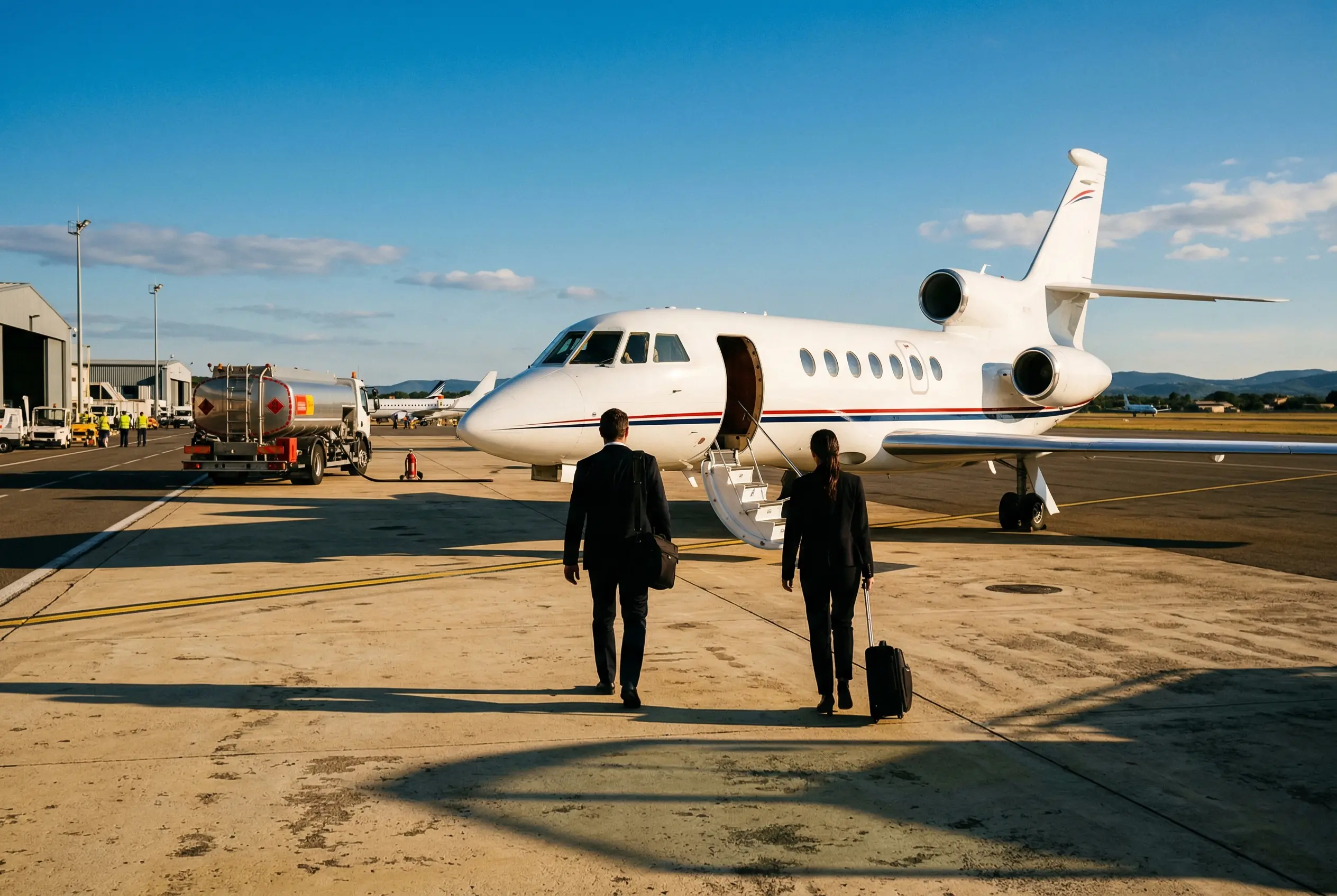 Passengers boarding a Dassault Falcon 50 on the tarmac