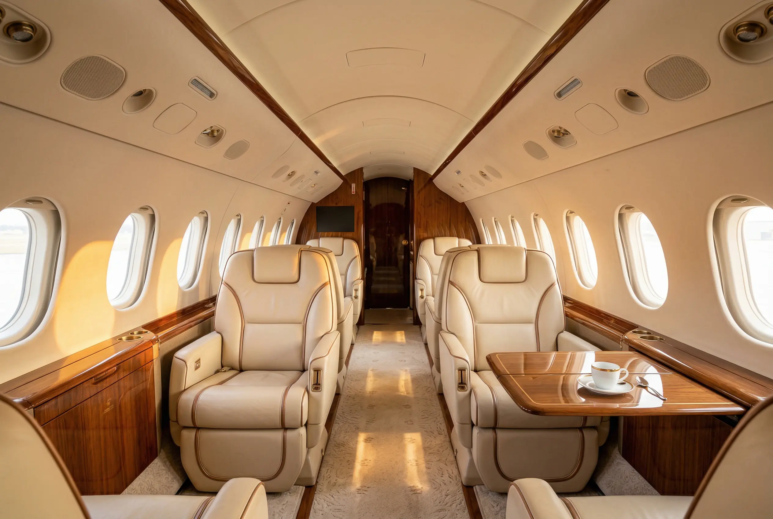 Falcon 50 cabin interior with leather club seating and wood veneer accents