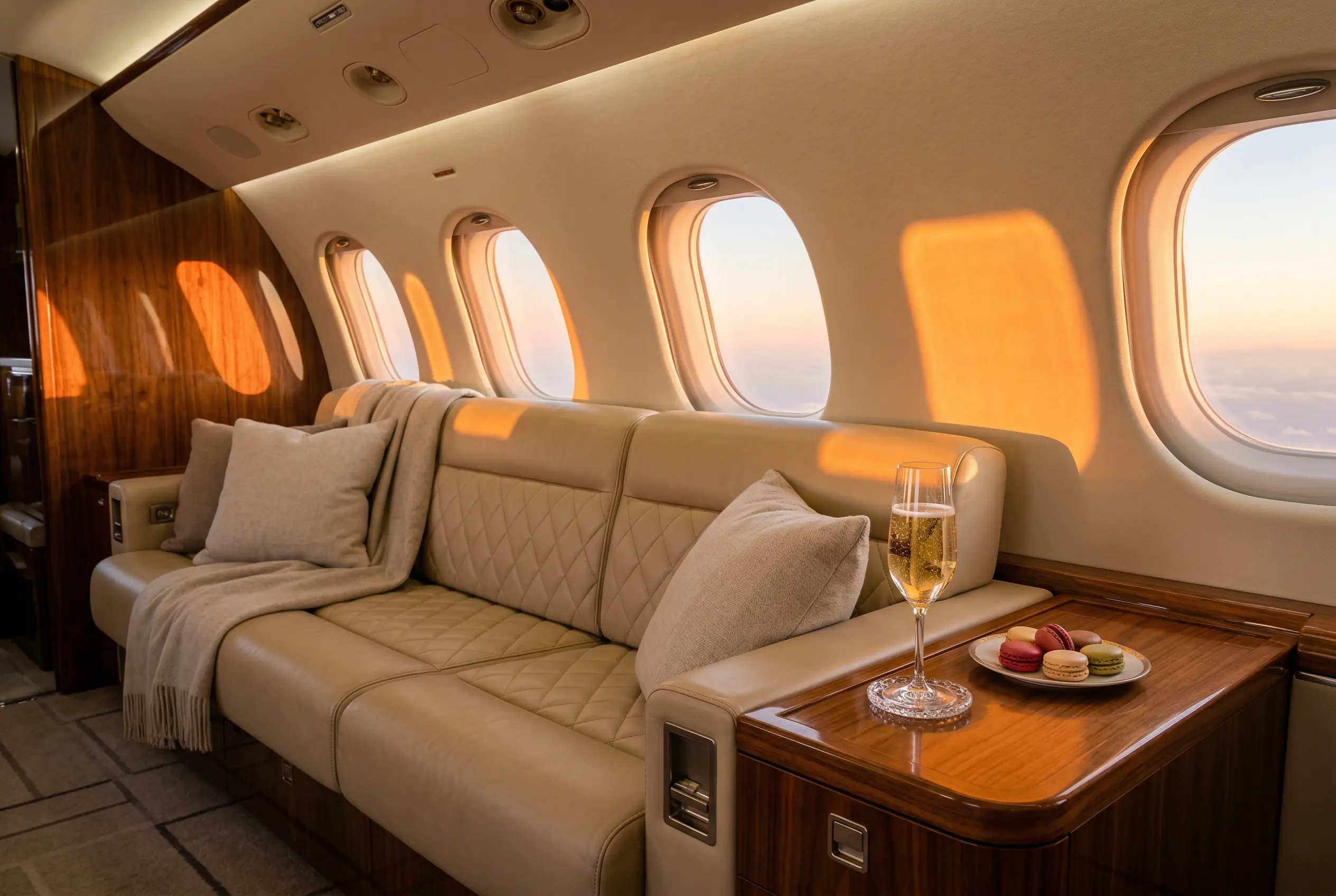 Dassault Falcon 50 cabin interior with leather seating and signature French design details