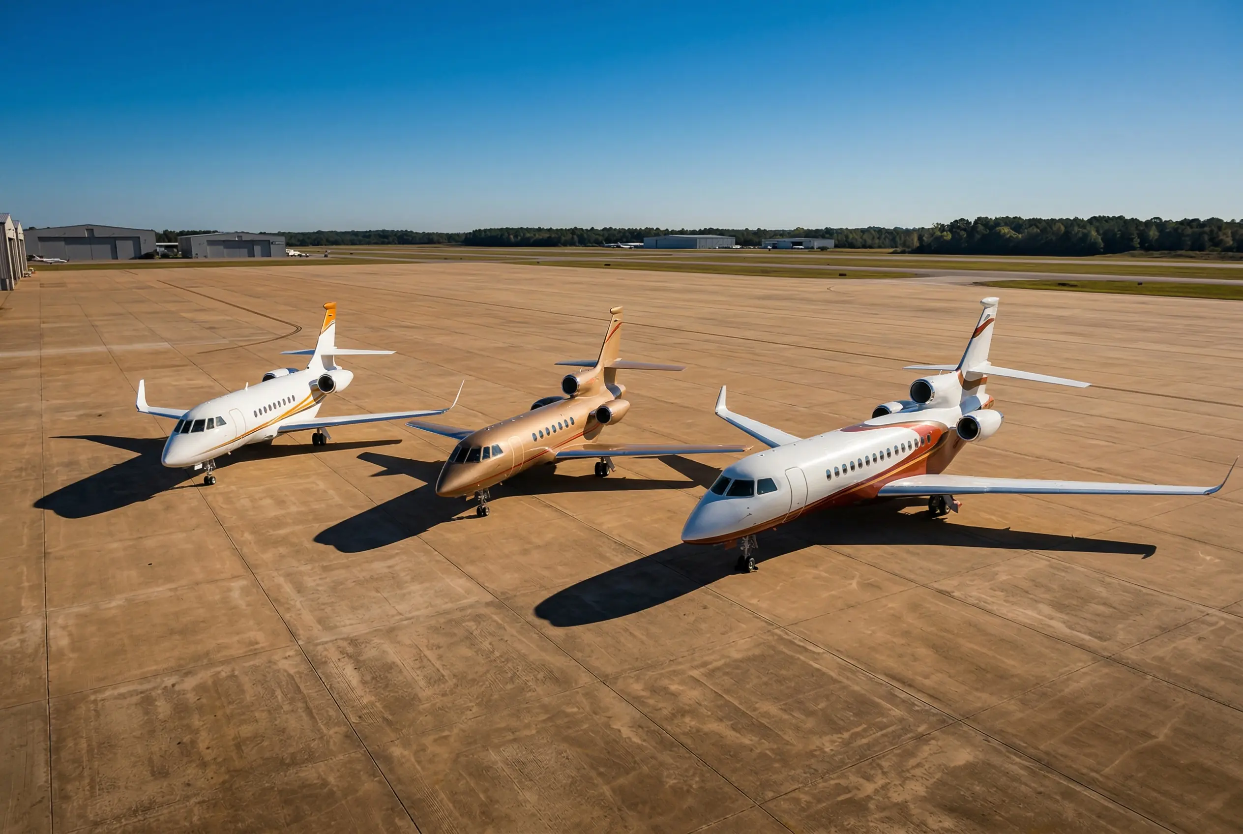 Dassault Falcon fleet including Falcon 50 aircraft on airport ramp