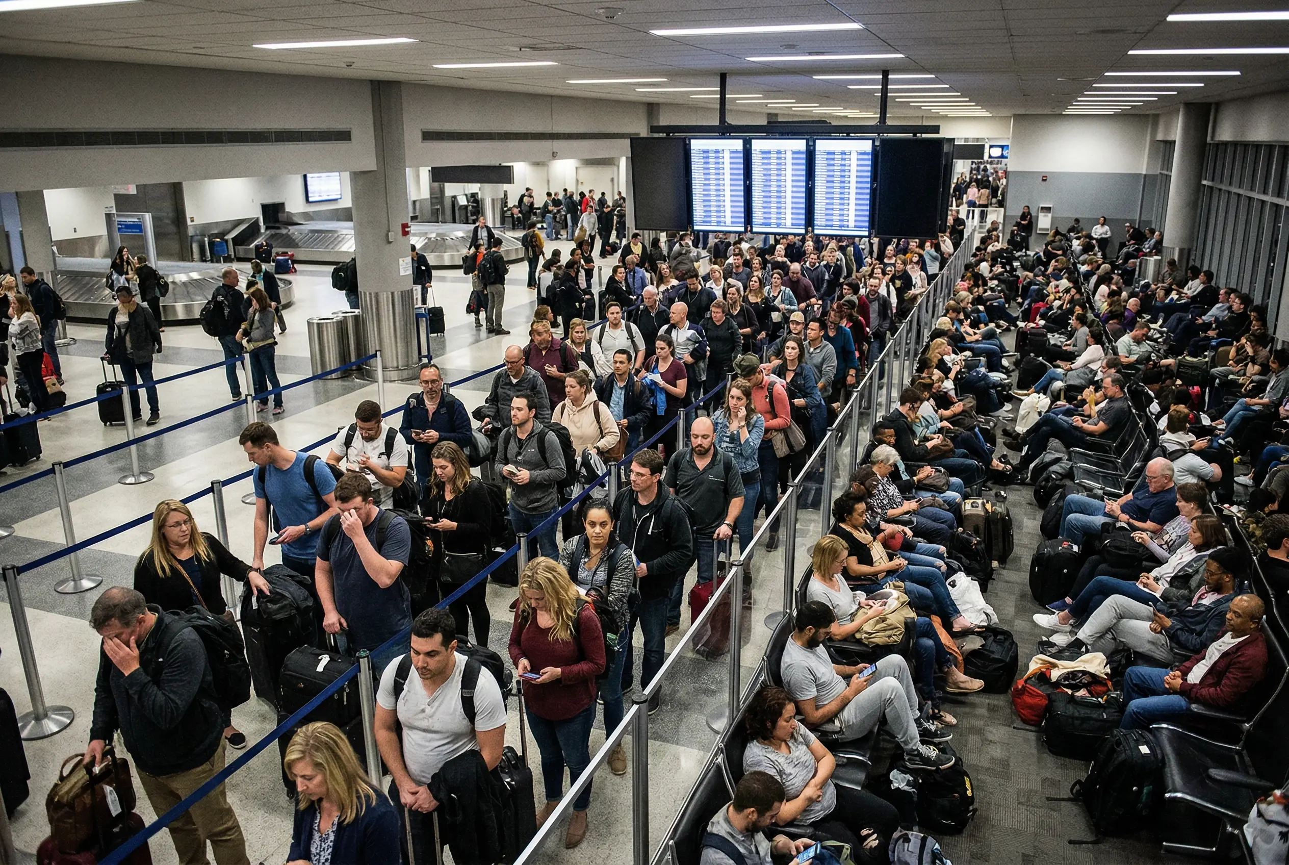 Crowded commercial airport terminal with long security queues